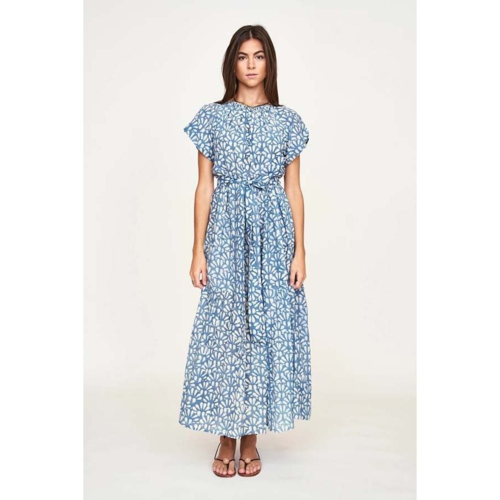 Mirth Vienna Block Print Tiered Maxi Dress Tie Belt Pockets Indigo Womens Large